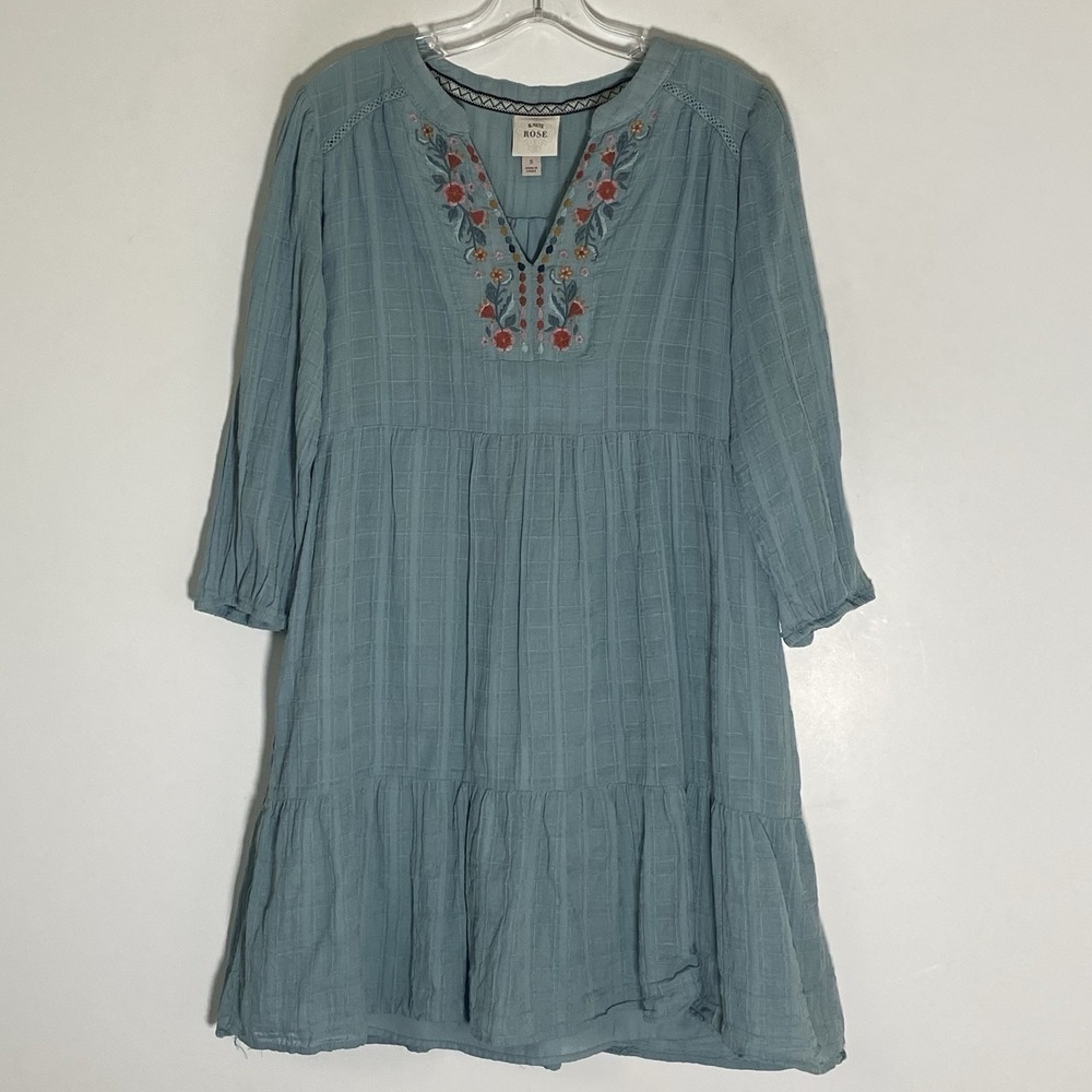 Knox Rose Dress Womens Small Blue Embroidered 3/4 Sleeve Tunic Boho Pockets Tier